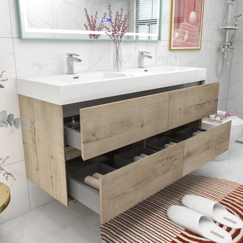 59'' Double Bathroom Vanity with Top, Light Oak
