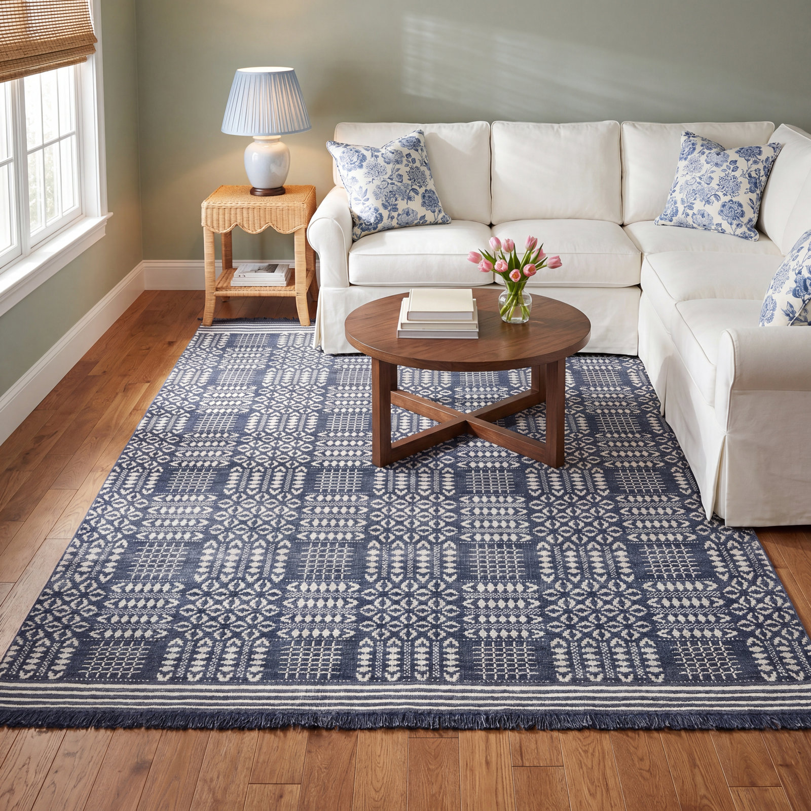 Middlebury Navy White Hand-Knotted Geometric Rug, Rectangle 7'6" x 9'6"