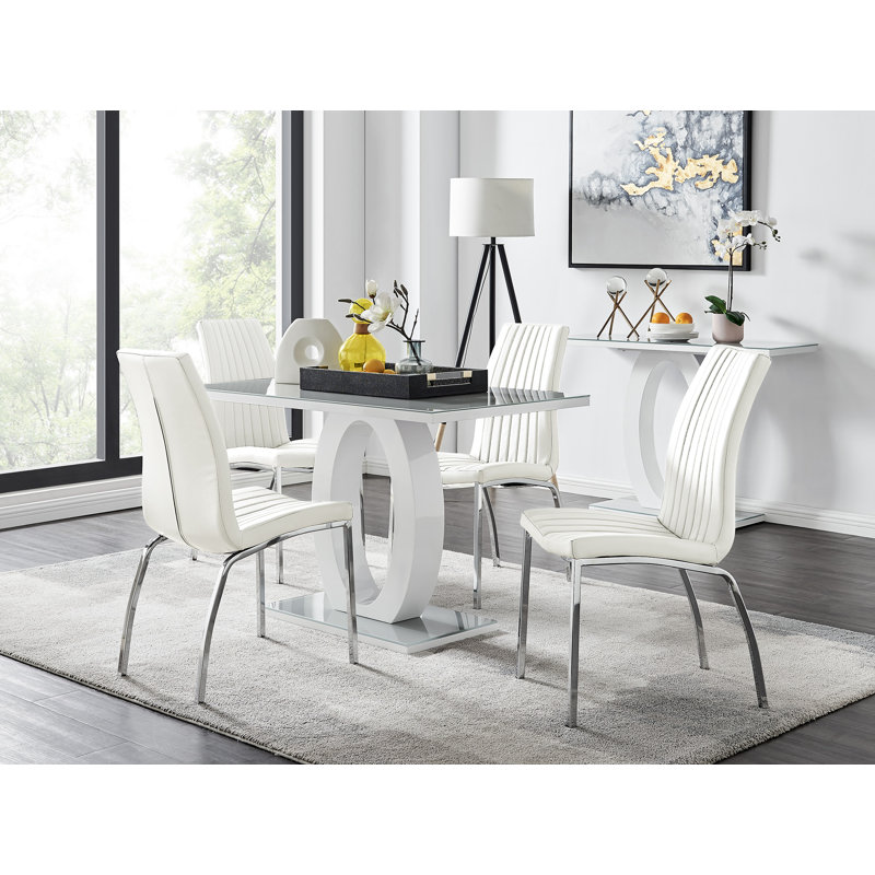 Scottsmoor Modern High Gloss Halo 4 Seater Dining Table Set with Luxury Faux Leather Dining Chairs, White