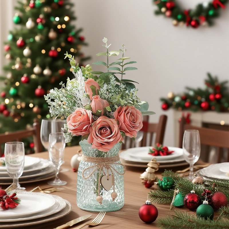 Simulated Flower Glass Vase Set (Bouquet+Glass Vase), Artificial Flower Home Decoration, Christmas And Halloween Desktop Vase Decoration, Wedding Decoration