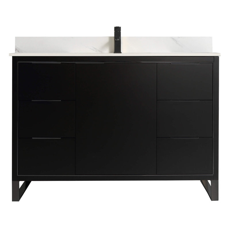 Meuble-lavabo simple autoportant 48 po avec plateau en pierre Gerwyn, Noir mat, Noir mat