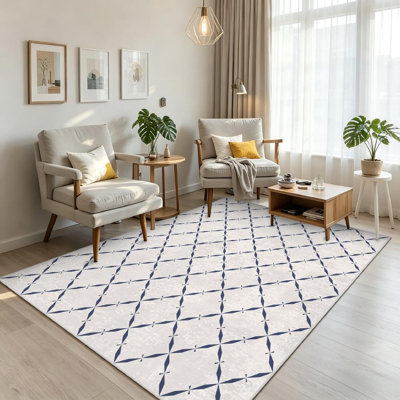 Navy Machine Washable,Abstract Geometric Seamless with Grid Lattice Net Diagonal Cross Lines Indoor Area Rug