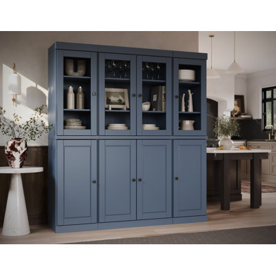 Lodman 100% Solid Wood Tall Kitchen Pantry Cabinet with Glass Doors, Adjustable Shelves, Modular Kitchen Display Storage Cabinet, 65" W x 71.5" H
