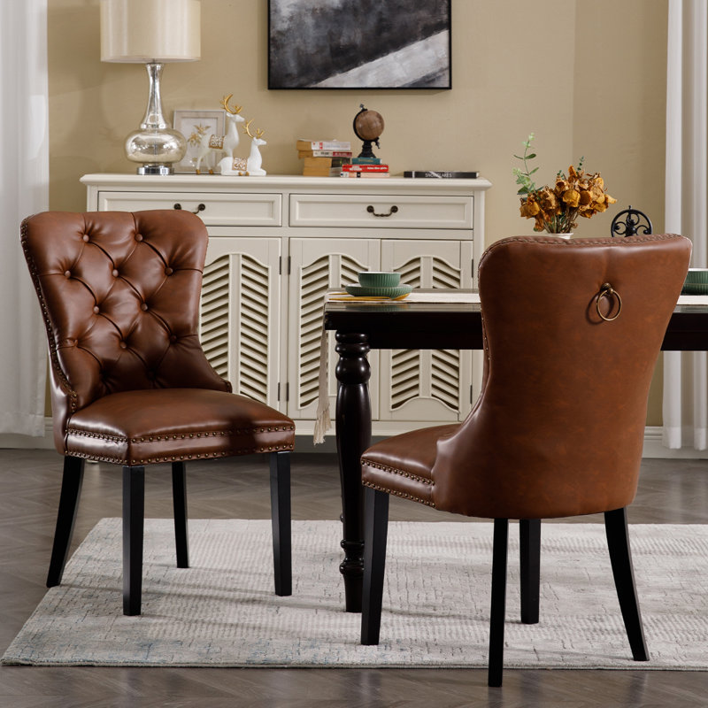 Modern Upholstered Faux Leather Dining Chairs Set Of 2 Mid Century Dining Room Chairs Tufted Ring Back Kitchen Dining Chairs Comfortable Side Chairs With Nail Head Trim