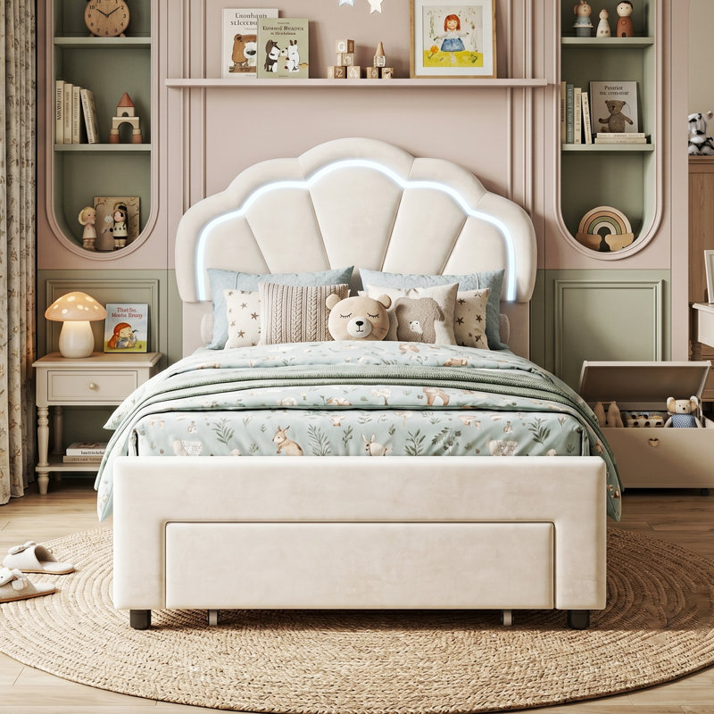 Smart LED White Velvet Upholstered Bed Frame With Storage Drawers, Scalloped Petal Headboard & App Control, European Single (90X200cm) & Double (140X200cm)