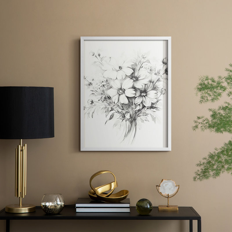 Reproduction florale rétro encadrée XIXème - bois massif, H 21 po x l 17 po, Blanc