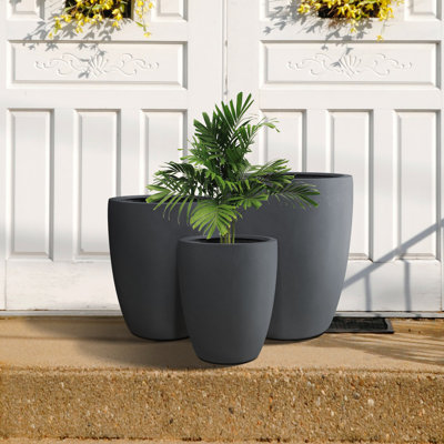 Ensemble de 3 pots à fleurs ronds en béton au fini gris anthracite, pots de plantes décoratifs d'extérieur avec trou de drainage et bouchons en caoutchouc