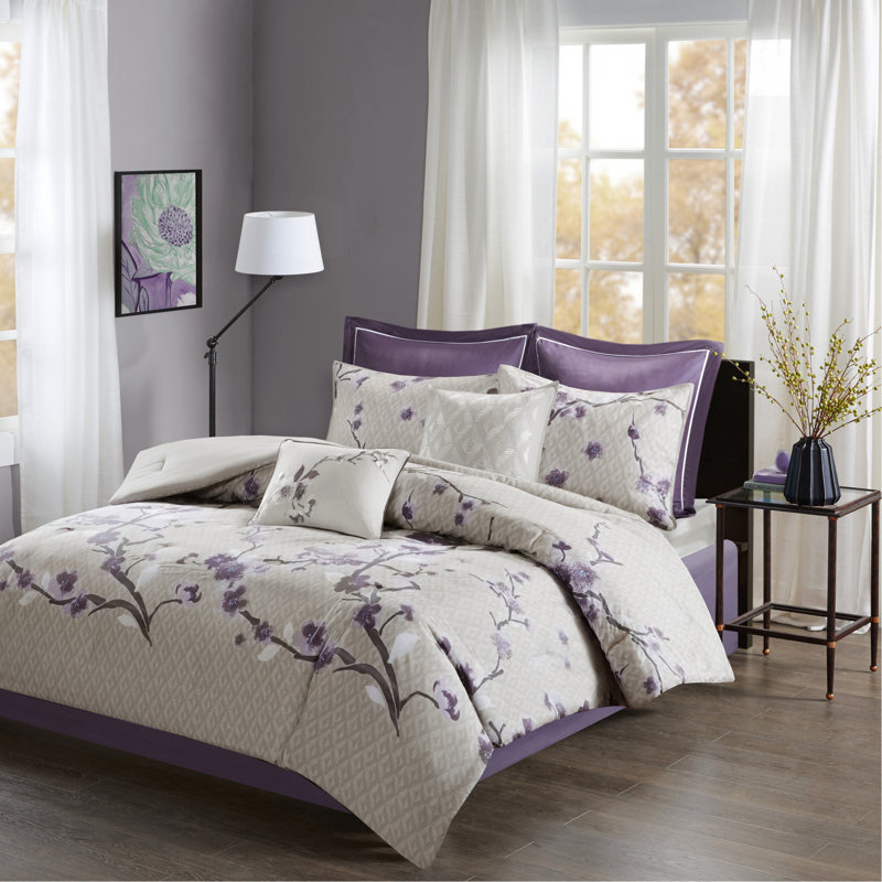 Ensemble d'édredon en coton 8 pièces mauve / taupe très grand, Édredon très grand + 7 pièces supplémentaires