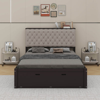 Queen Size Platform Bed With Storage Headboard, Shoe Rack And Drawers