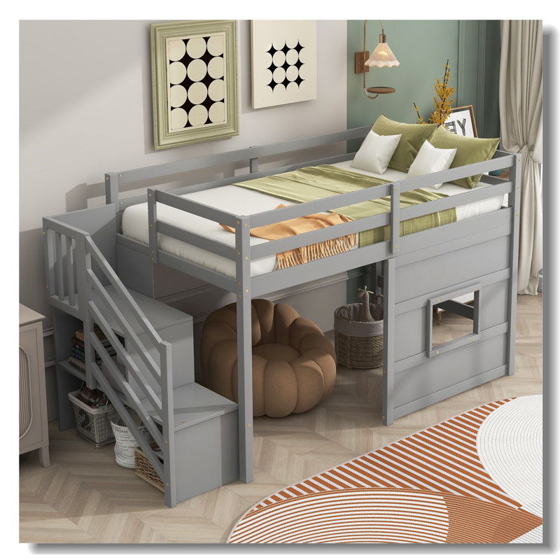 Lit mezzanine simple avec escalier de rangement et fenêtre, Gris