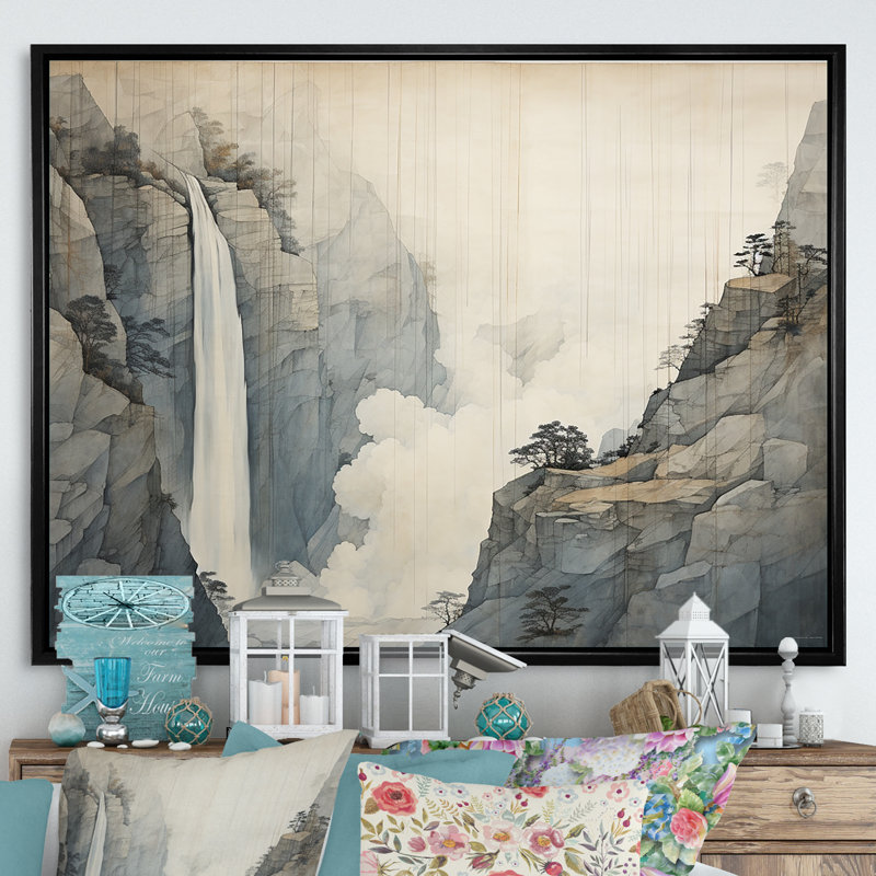 «Beige et gris Simple Cliff Waterfall I», reproduction sur toile, Cadre flottant noir, H 30 po x l 40 po x P 1,5 po