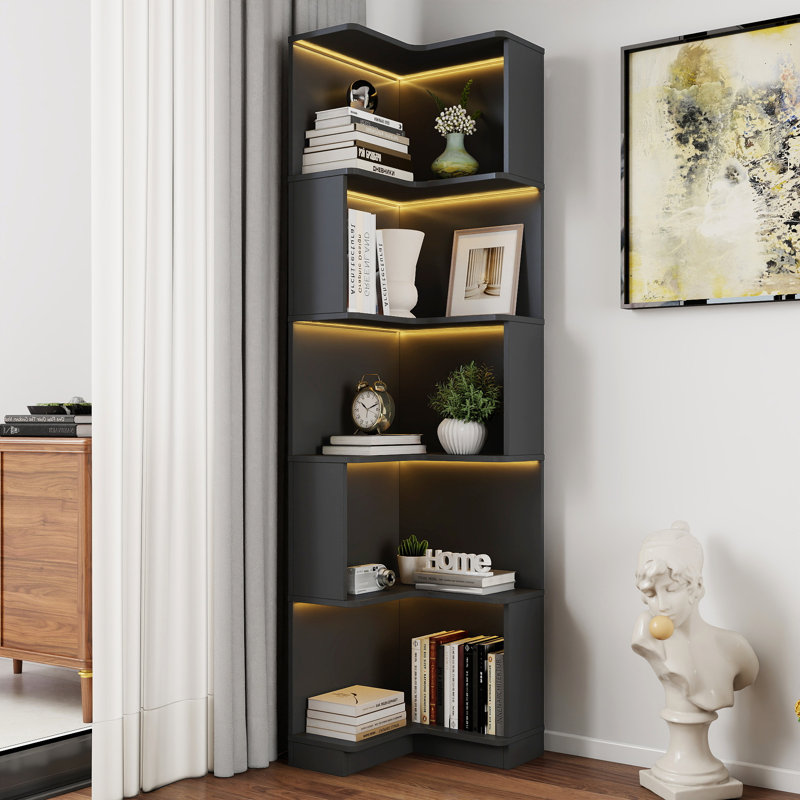 Bibliothèque de coin Malvik à 5 niveaux en forme de L avec baffles et éclairage DEL