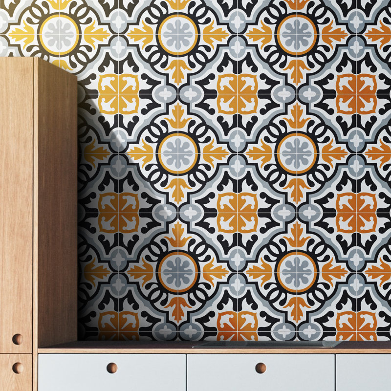 Baha 8" x 8" Cement/Marble Mosaic Wall & Floor Tile, Orange/Black/Gray