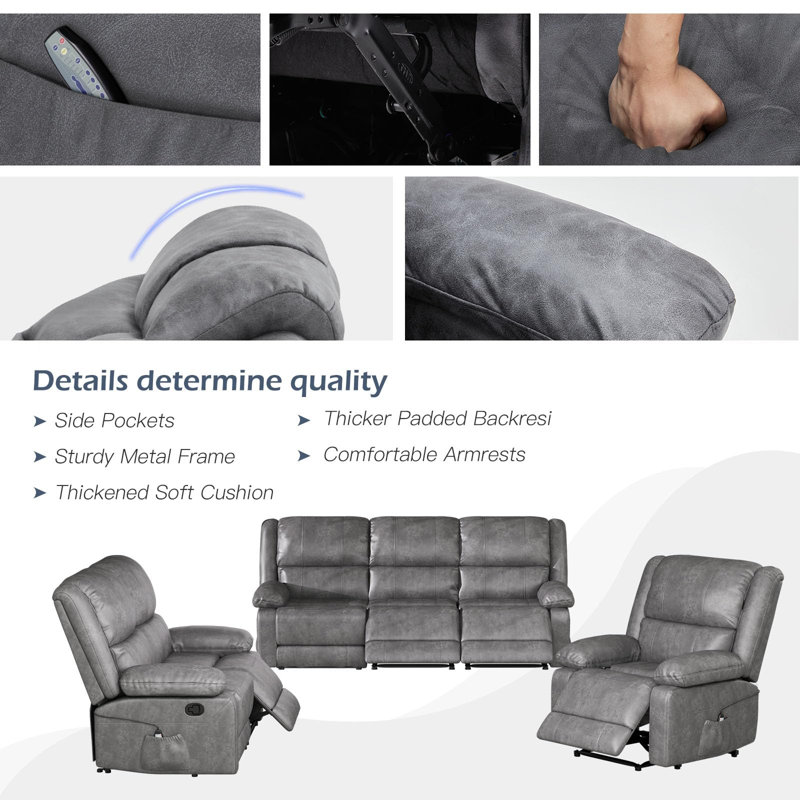 Ensemble de salon inclinable en similicuir Stewumin, Similicuir gris