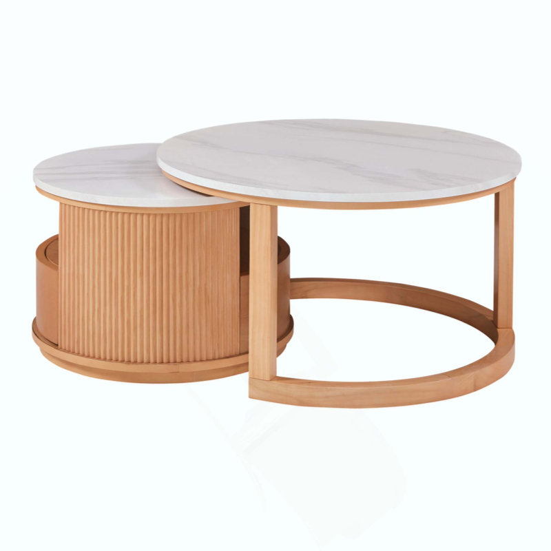 Table basse ronde gigogne avec plateau en marbre, rangement à 2 niveaux et 1 tiroir