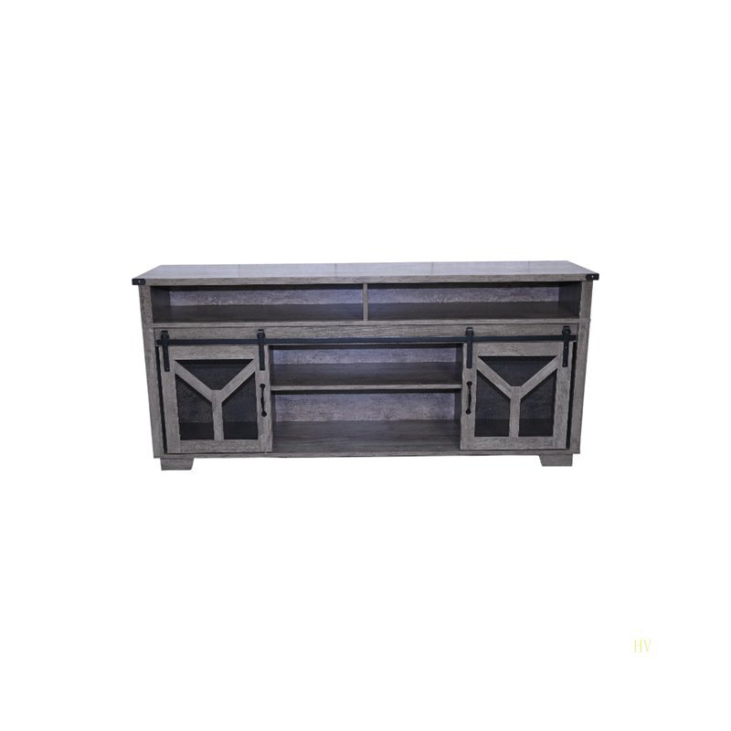 65.3" TV Stand With LED Light Strips And Iron Mesh Barn Door Y Decorative Strip Country  Farmhouse Style, Gray
