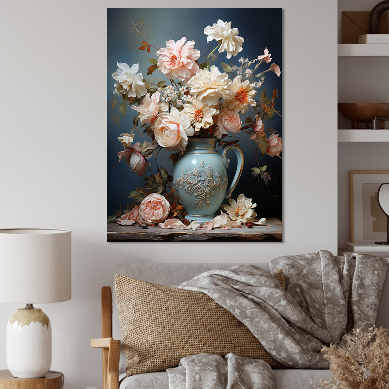 Décoration florale rose rococo raffinée - poterie bohème, Toile tendue, H 20 po x l 12 po x P 1 po