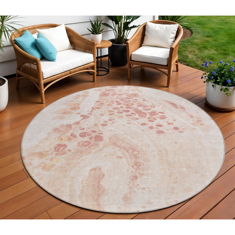 Tapis d'intérieur rond lavable abstrait saumon et ivoire 8 pi