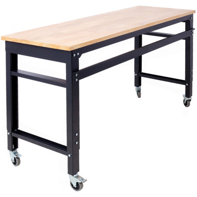 Workbench - 60" Wide Rolling Workbenches For Garage - Adjustable Height, Workshop Tool Bench, Metal With Rubber Wood Top