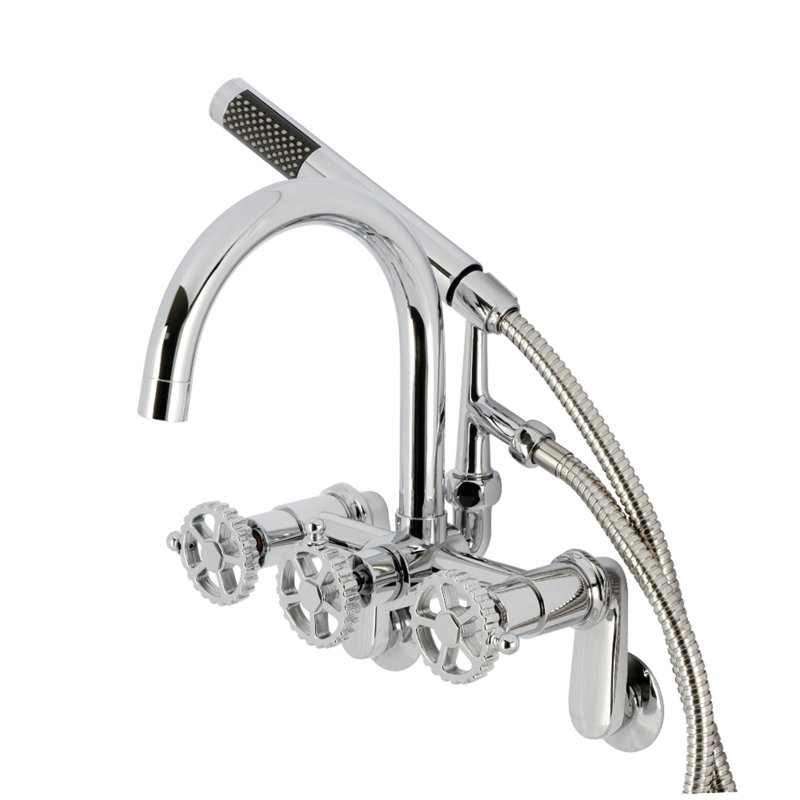 Kingston Brass Fuller Three-Handle 2-Hole Tub Wall Mount Clawfoot Tub Faucet with Hand Shower, Silver