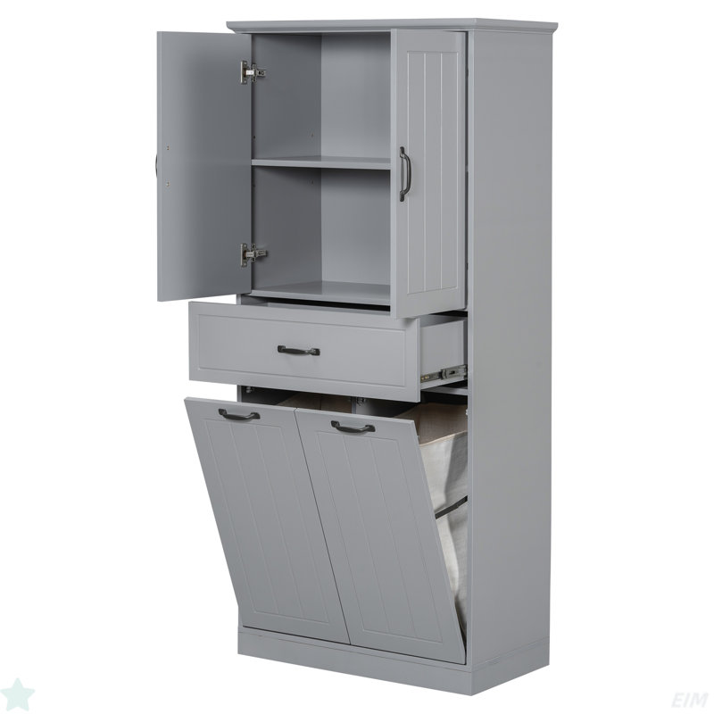 Bathroom Storage Cabinet With Two Laundry Baskets, Storage Cabinet With Doors And Drawer For Home, Gray