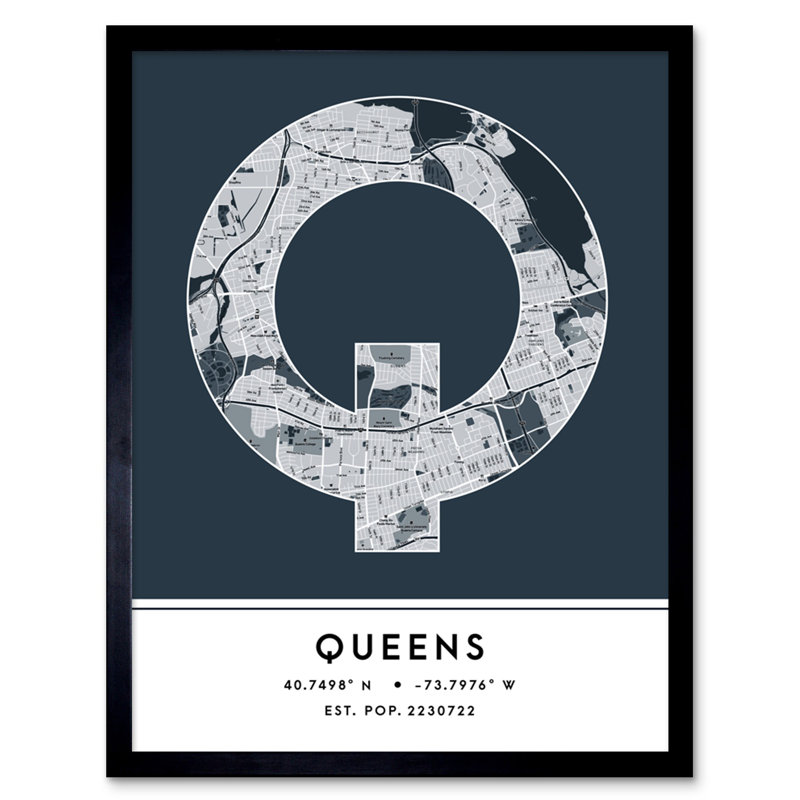 Queens New York United States City Map Navy 1 Piece Single Picture Frame Wall Art