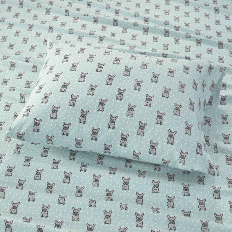 Cozy Flannel 100% Cotton Sheet Set, Full / Double Sheet Set with 2 Pillowcases, Aqua French Bulldog