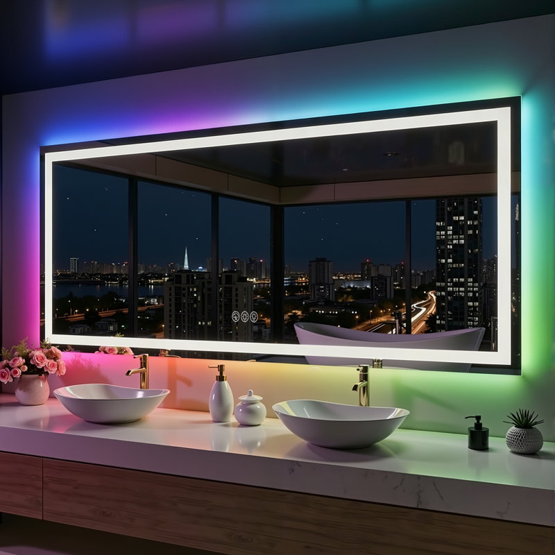 Lunara UL Certified Frameless Dual Lighting RGB Backlit & LED Frontlit Bathroom Vanity Mirror, Temper Glass, Smart Anti-fog