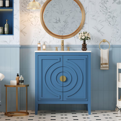 Armoire de salle de bain 30 po, charme Mid-Century, 2 portes à fermeture douce, rangement, 1 tiroir, tablette réglable, structure en bois massif, planches, tiroirs coulissants, rangement bleu rétro avec lavabo, 30