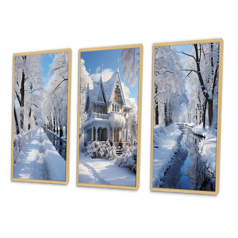 «Winter Snowy Serenity», 3 pièces sur toile, Encadré naturel, H 32 po x l 16 po