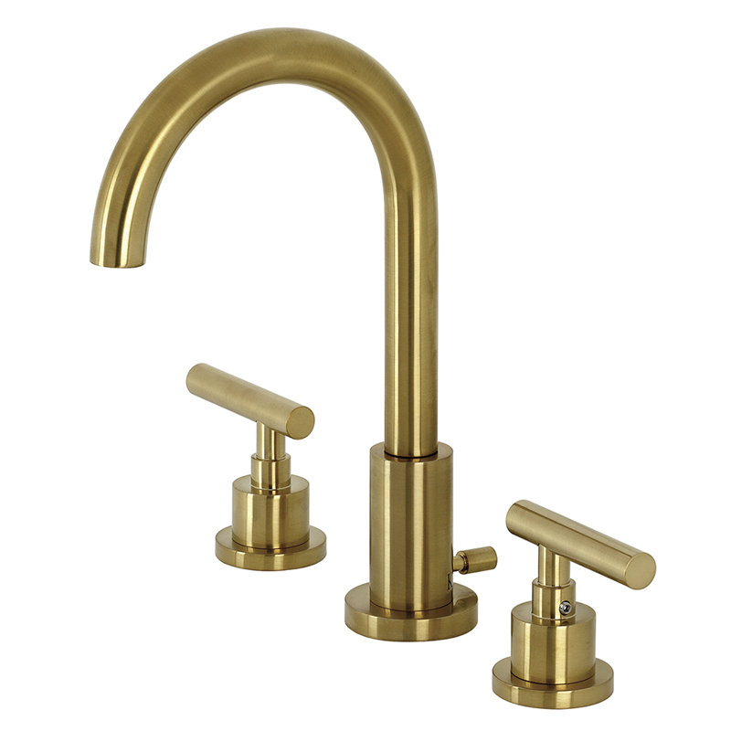Kingston Brass Manhattan Two-Handle 3-Hole Deck Mount Widespread Bathroom Faucet with Brass Pop-Up Drain, Brushed Brass