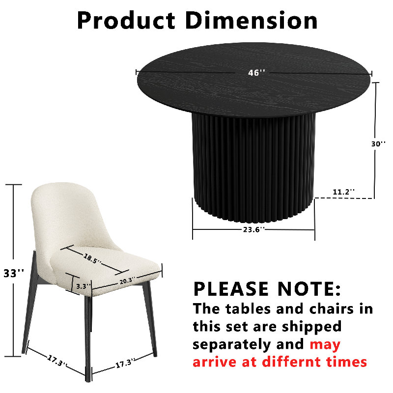 Ensemble de table ronde et chaises, Noir, H 30 po x L 46 po x l 46 po
