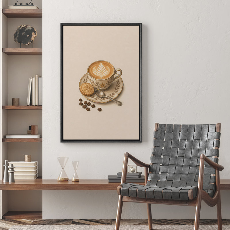 «Coffee Cup Latte Biscuit Minimal Kitchen Still Life», reproduction d'art sur toile encadrée dans la chambre principale
