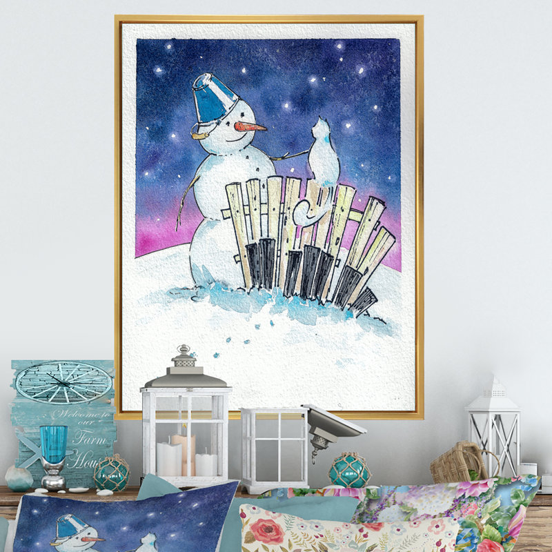 Bonhomme de neige de Noël avec chat - reproduction de cadre photo sur toile, H 12 po x l 8 po x P 1 po