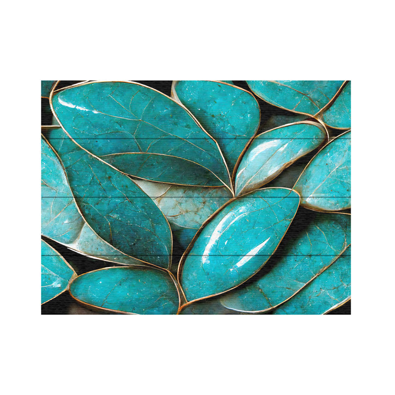Feuilles turquoise sur bois, H 12 po x l 16 po