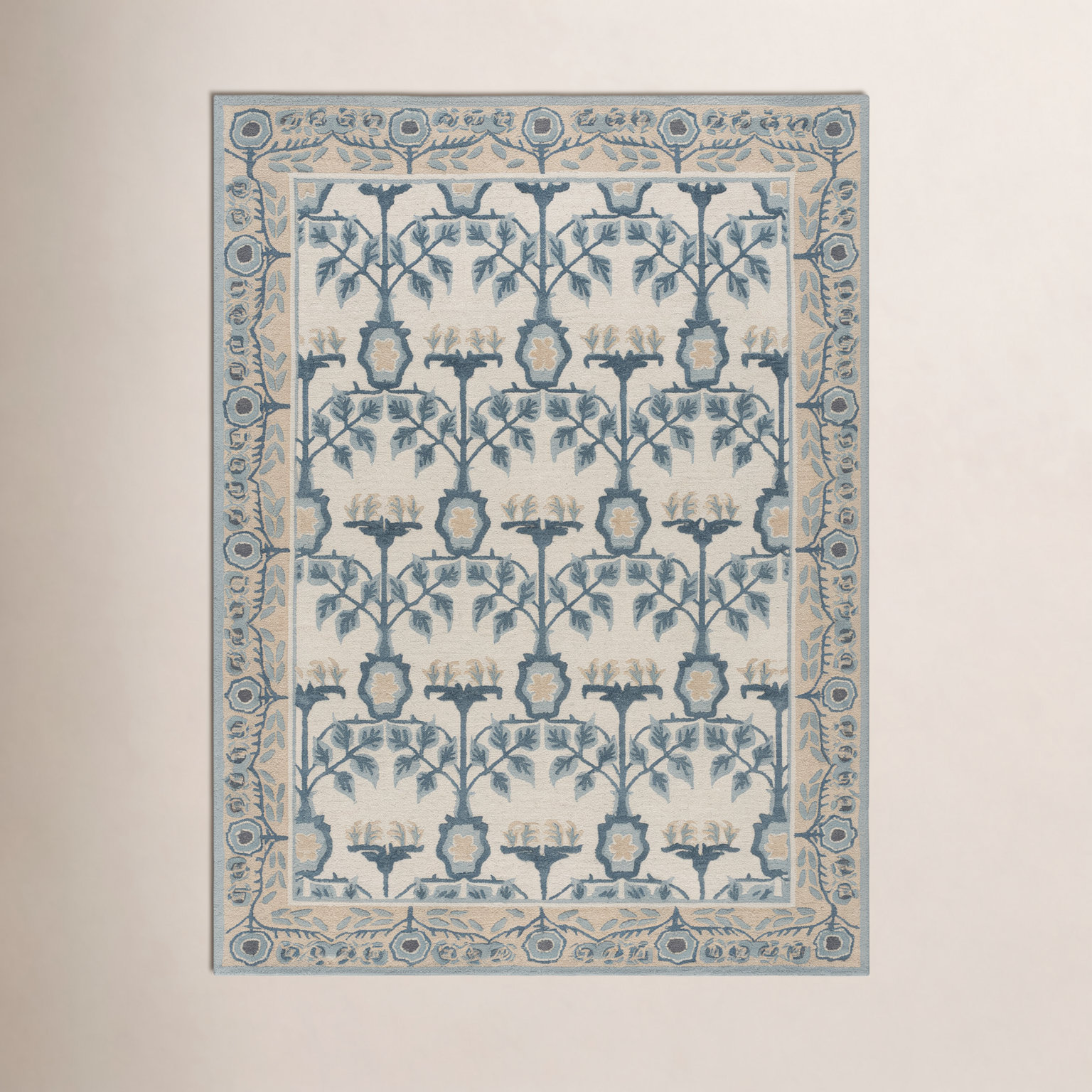 Ivory Blue Hand-Tufted Floral Wool Rug, Rectangle 8' x 10'