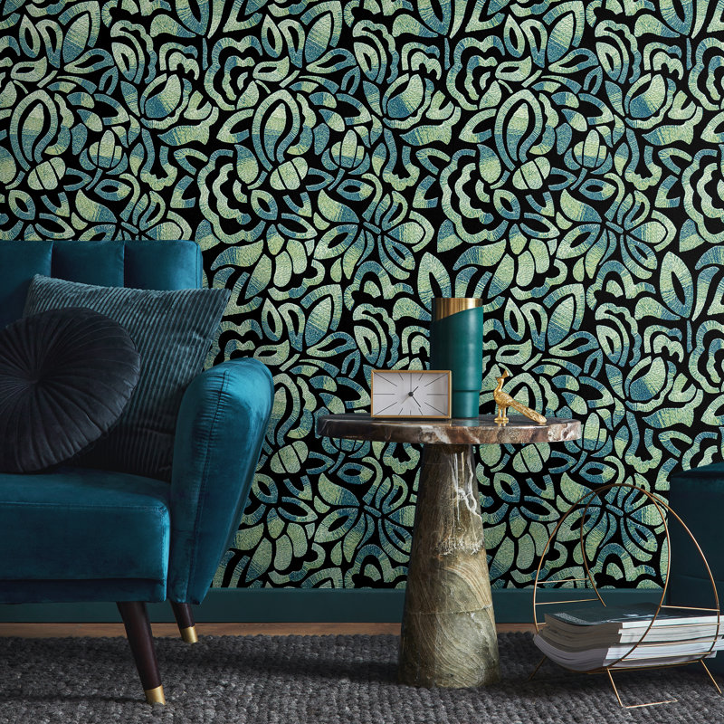 Pepper Embossed Fabric Brussels Lace Lana Wallpaper Roll, Navy/Black