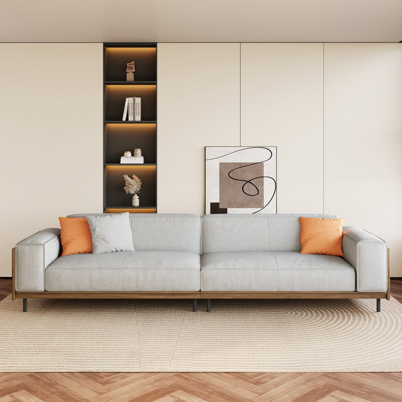 Canapé 3 places de style Mid-Century moderne avec accents noyer, revêtu de lin respirant, comprenant 3 coussins décoratifs gris et orange