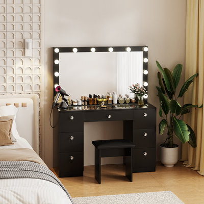 Greyden Makeup Vanity Set with Glass Table and Charging Station, Vanity Table with Lighted Mirror and 7 Drawers, Stool Included, for Bedroom