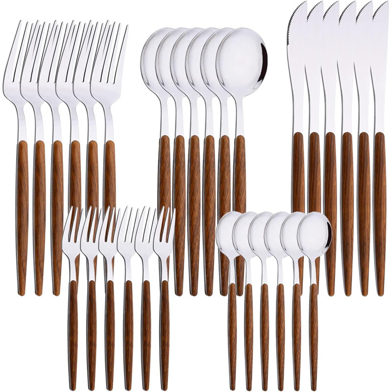 Ensemble de couverts 30 pièces en acier inoxydable pour 6 personnes, ensemble de couverts en argent poli miroir avec poignée en bois, vaisselle allant au lave-vaisselle pour un mariage à domicile