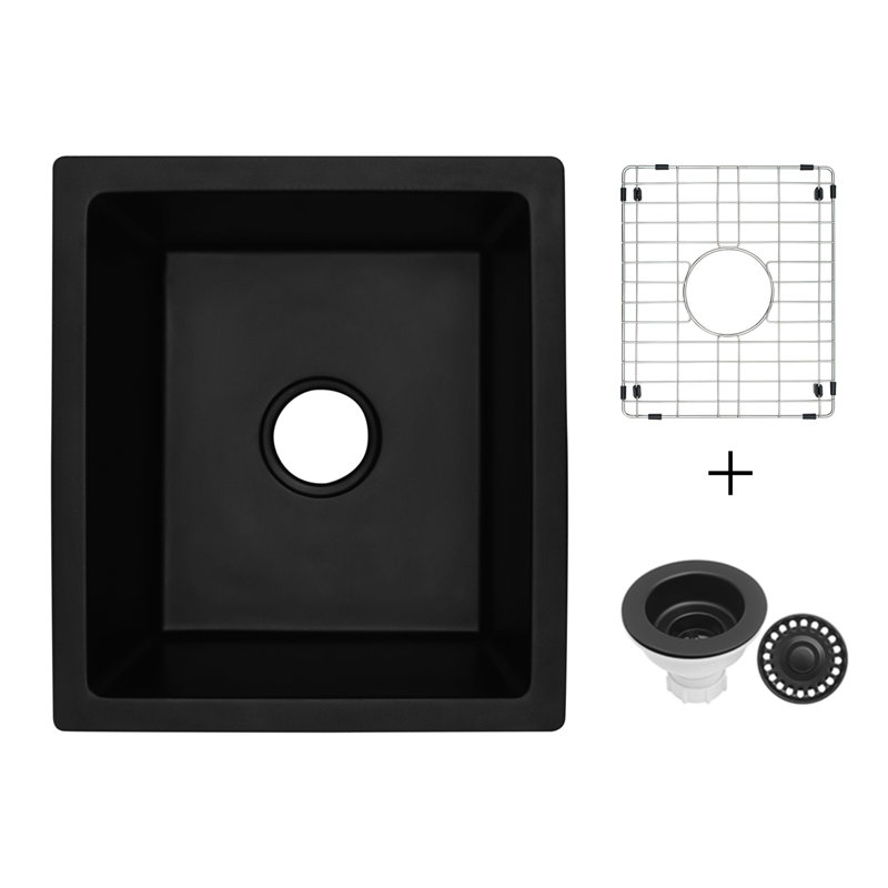  Évier de bar en granite avec accessoires encastrable LQS L 17,5 po x l 15,5 po LQS, Noir mat