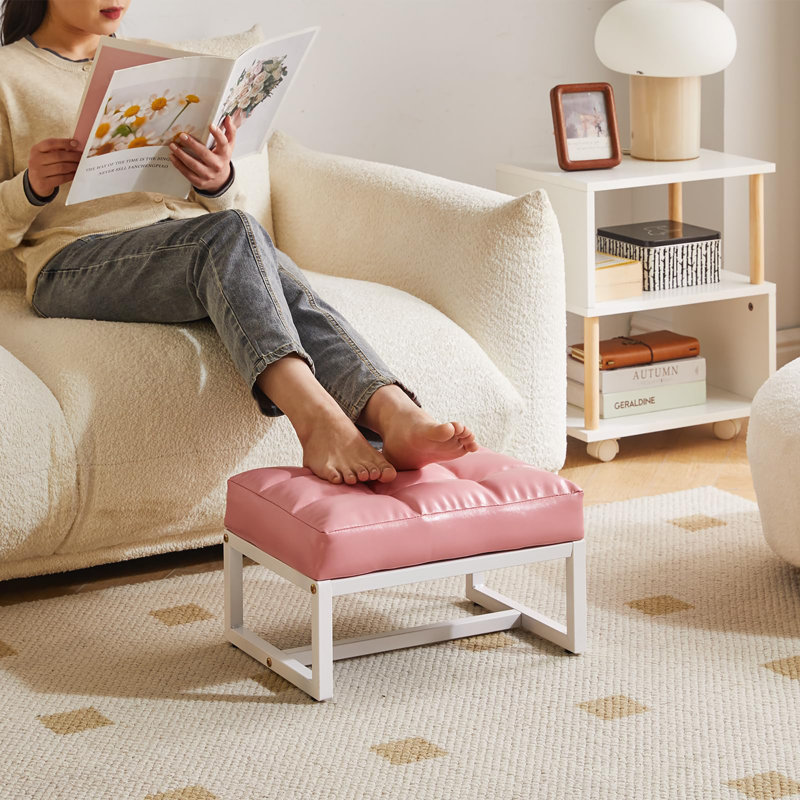 Rectangle Ottoman with Stable Metal Frame, White, Pink