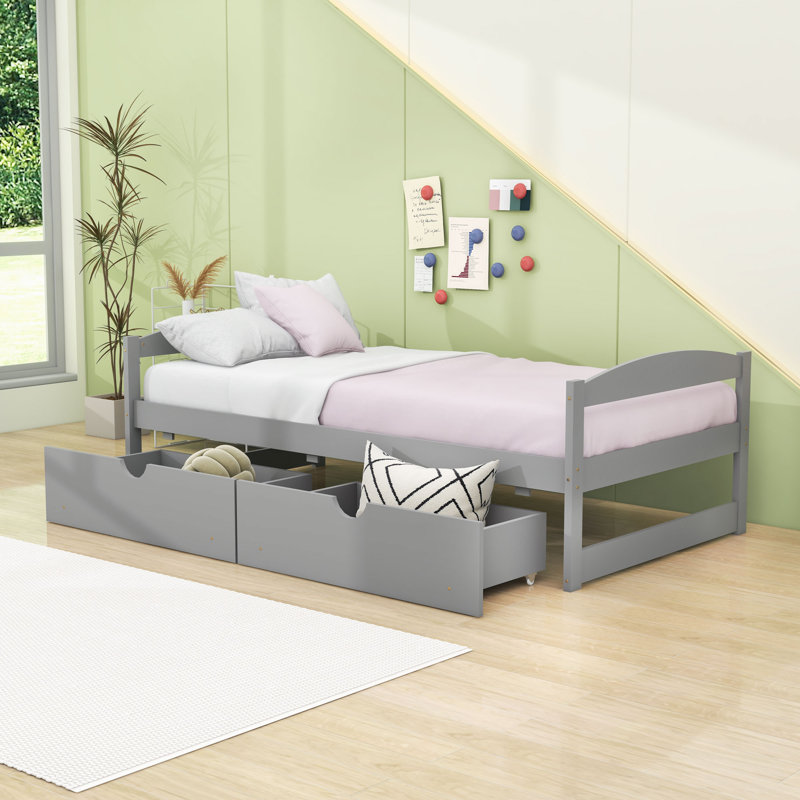 Yolanthe Twin Size Platform Bed with 2 Drawers, Gray