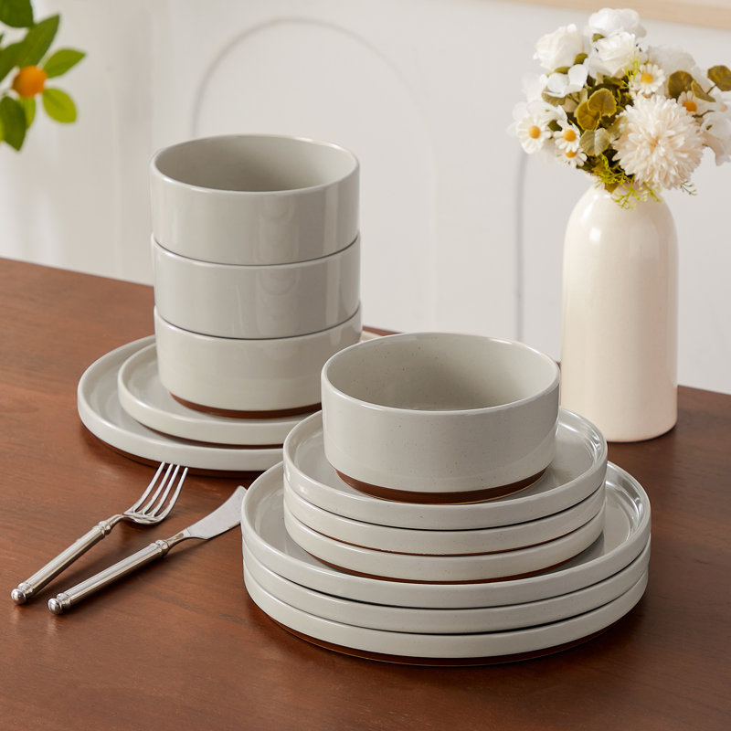 Service de table 12 pièces en terre cuite kaki avec glacis sésame - assiettes en céramique fabriquées à la main moderne, bols, service pour 4 - vaisselle rustique et contemporaine pour les repas de famille, les réceptions et les cadeaux, gris