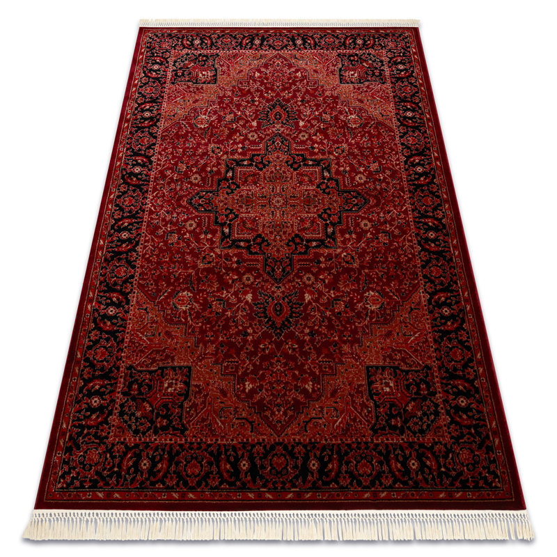 Luca Y307 – Elegant rug with fringes in burgundy & black – Classic Lucaal rug with ornamental & frame pattern