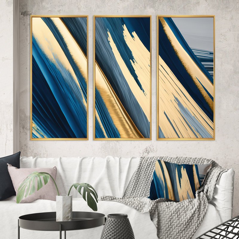 «Bold Blue Brush Strokes I», reproduction de cadre flottant sur toile 3 pièces, H 28 po x l 36 po x P 1 po, Or