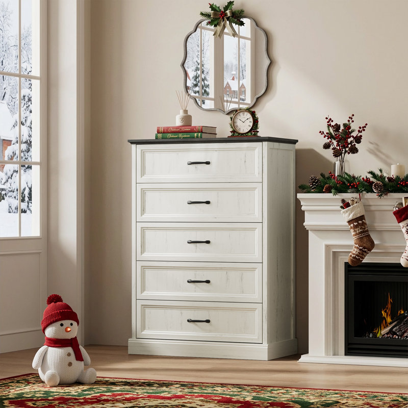 Modern 5 White Drawer Dresser, 44" H Tall Chest for Bedroom,Anti-Tip Device, White