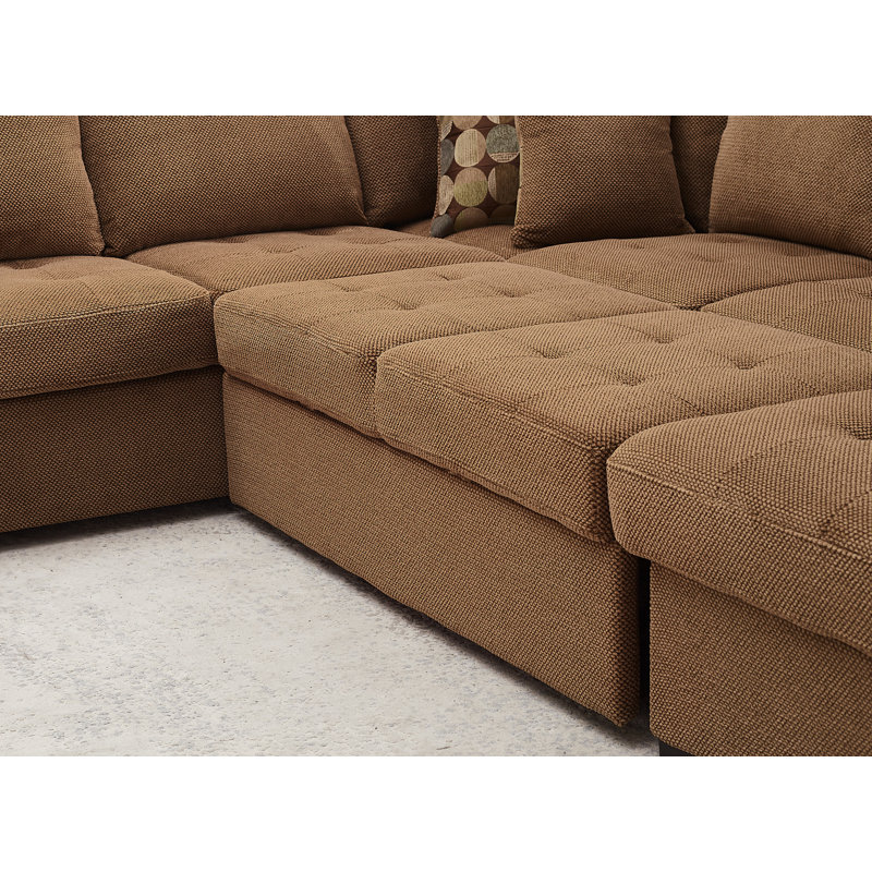 123" Oversized Sectional Sleepr Sofa U Shaped Sectional Sofa With Storage Chaise 4 Throw Pillows For Living Room, Brown