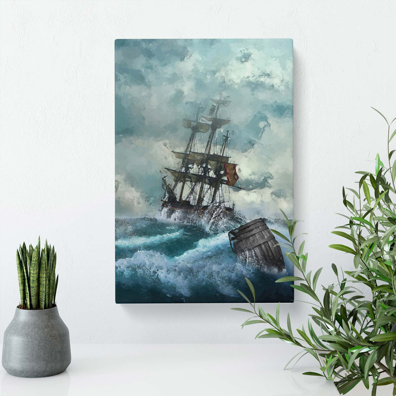 Pirate Ship Upon a Stormy Sea in Abstract - Wrapped Canvas Graphic Art Print, 76cm H x 50cm W x 3cm D