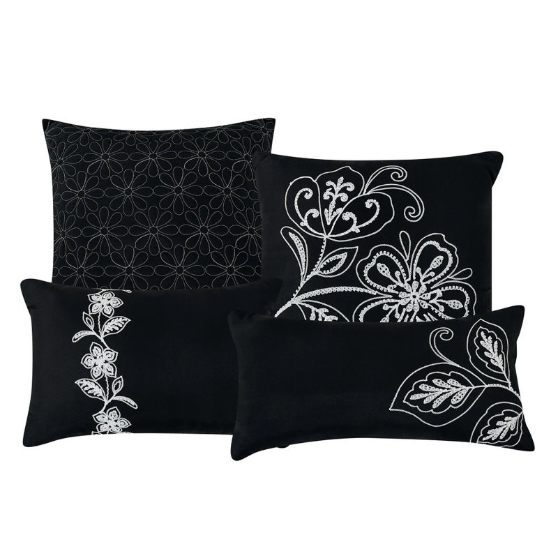 7 Piece Black Floral Comforter Set Embroidery Soft Bedding, Queen Comforter + 6 Additional Pieces